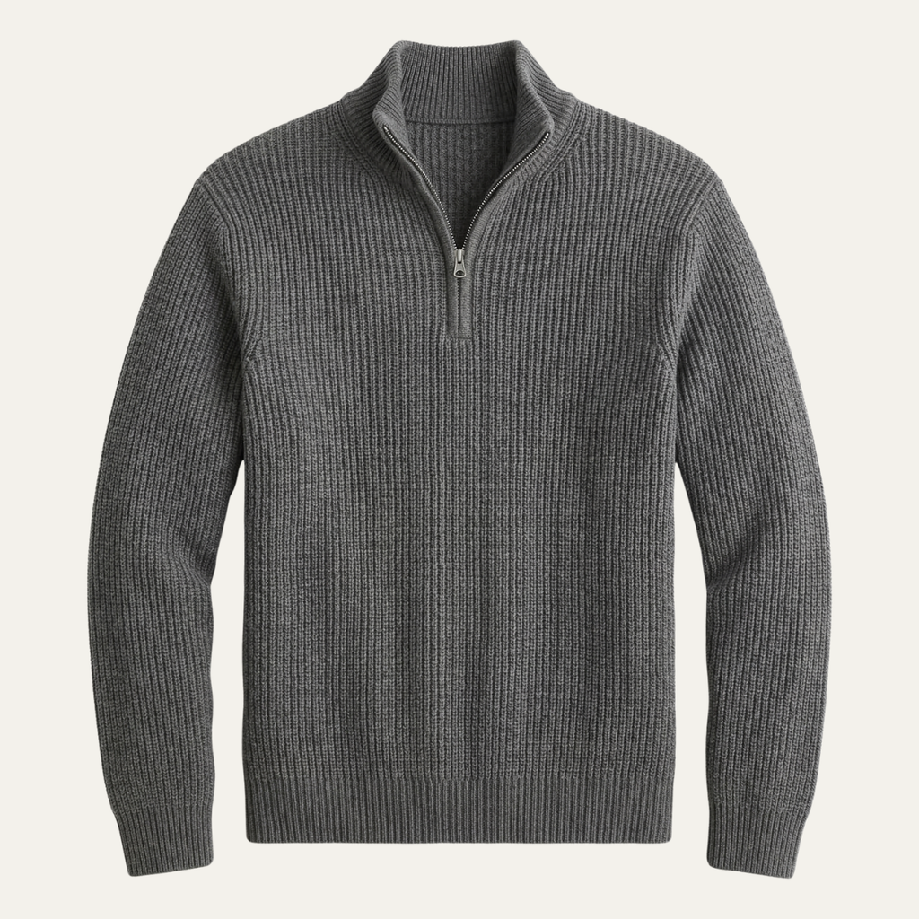 Men’s merino wool half-zip knit sweater, gray with ribbed stand collar and knit cuffs