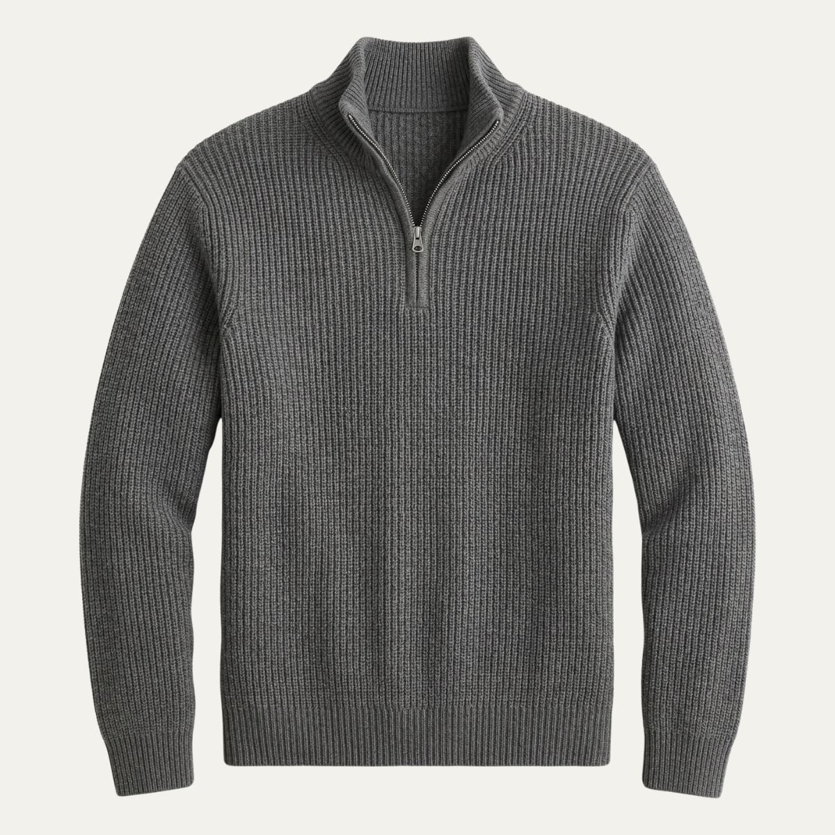 Men’s merino wool half-zip knit sweater, gray with ribbed stand collar and knit cuffs