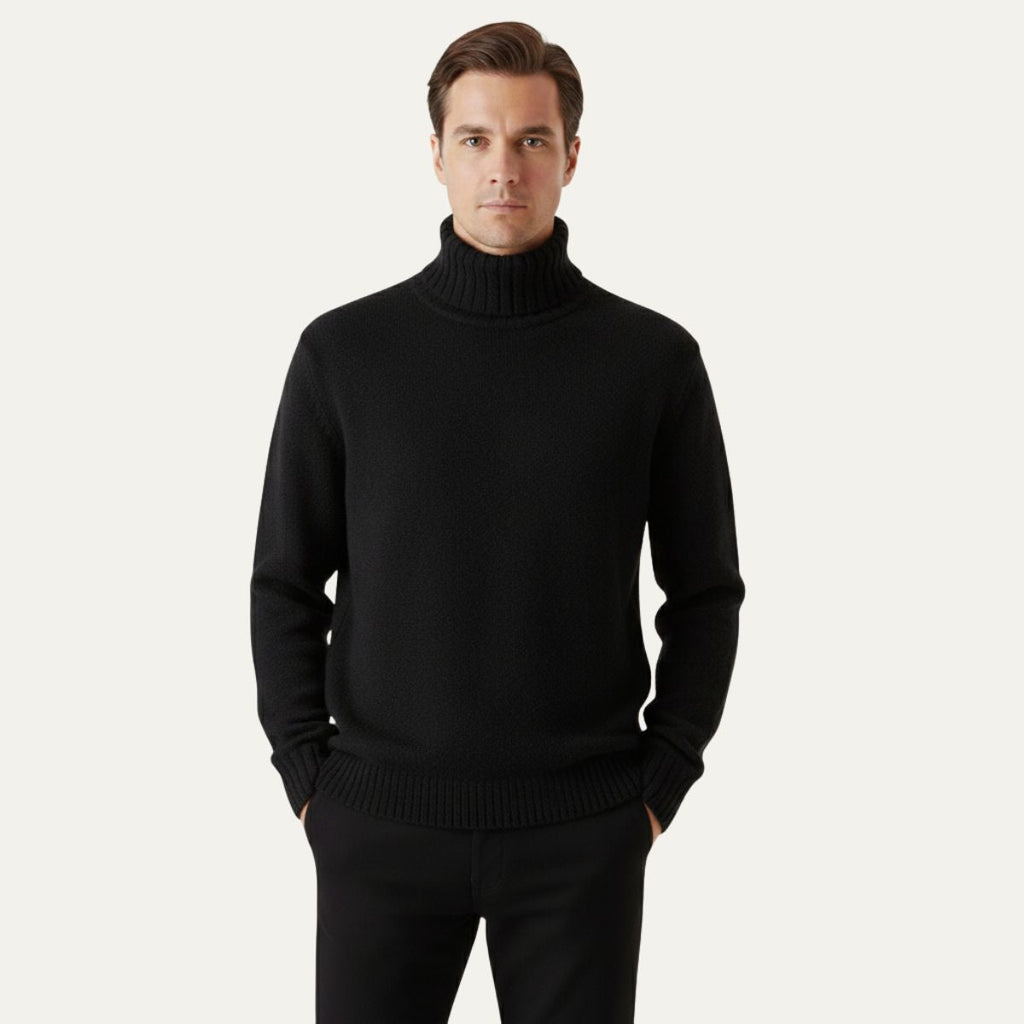 Men’s black soft knit turtleneck sweater with ribbed collar and long sleeves