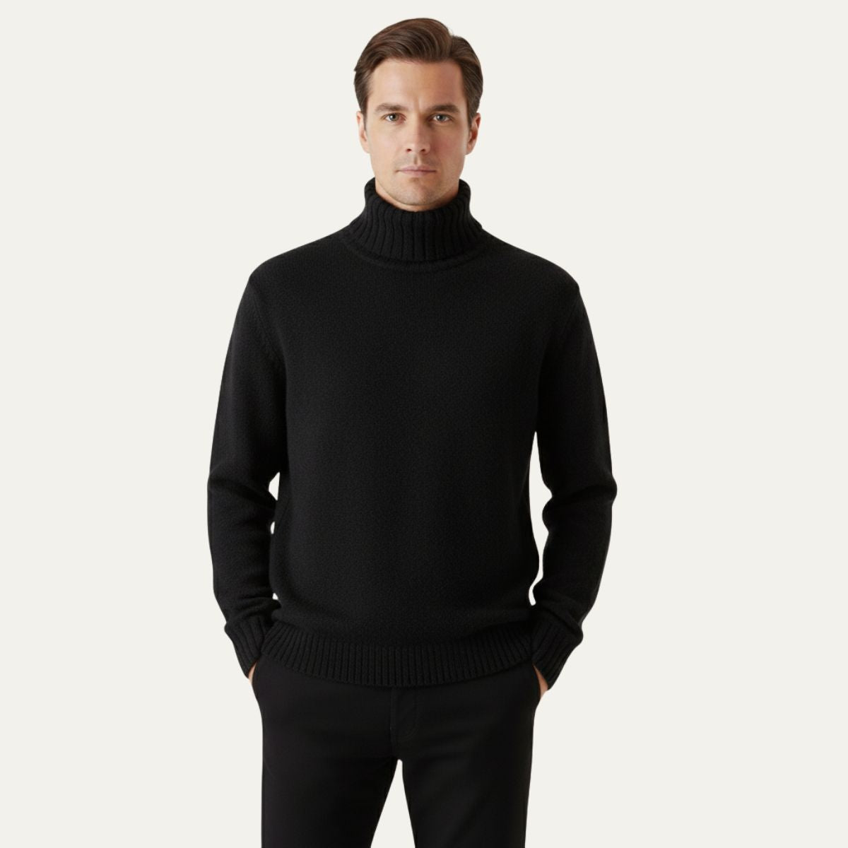 Men’s black soft knit turtleneck sweater with ribbed collar and long sleeves
