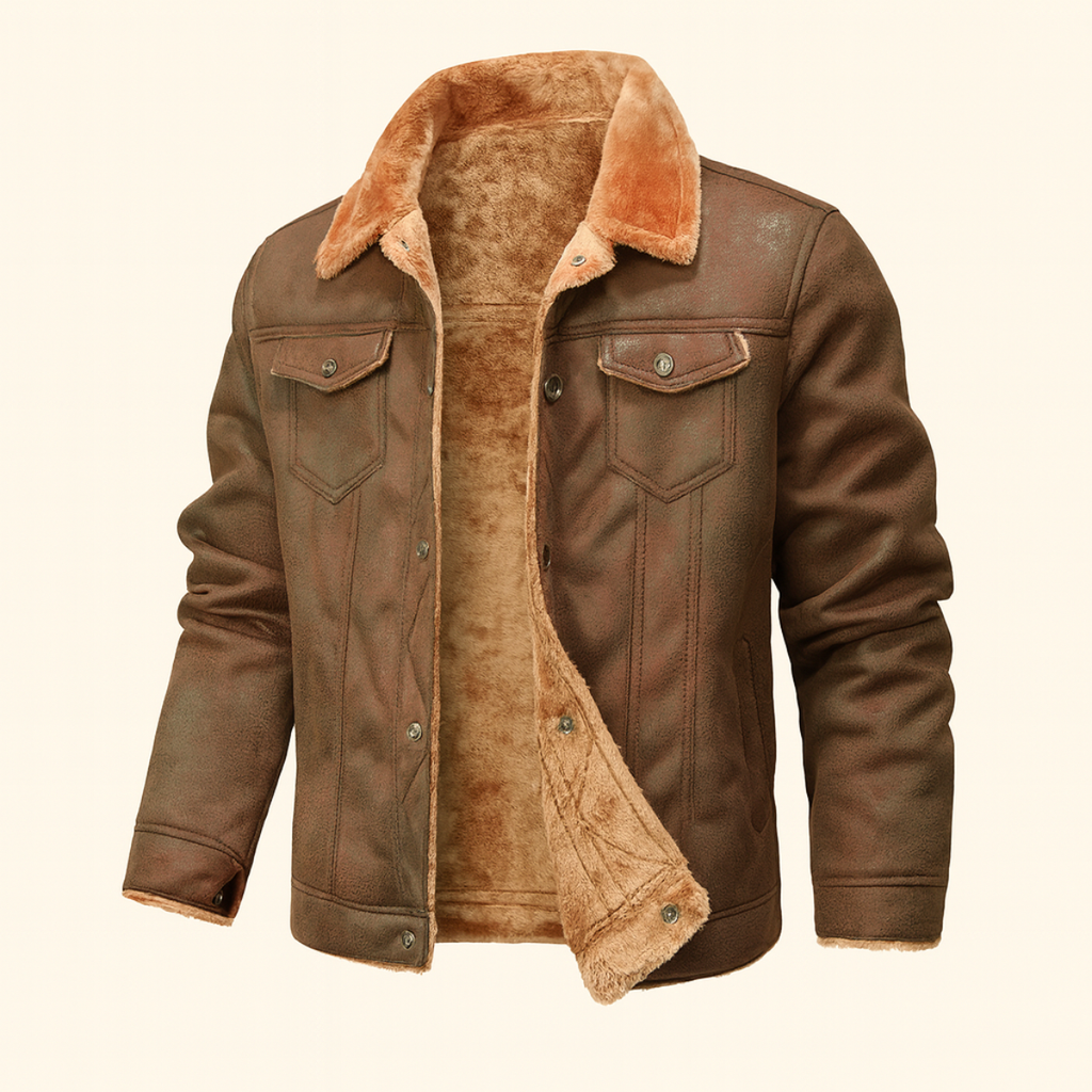 Men's brown suede sherpa-lined jacket shown from back, button front, sherpa collar