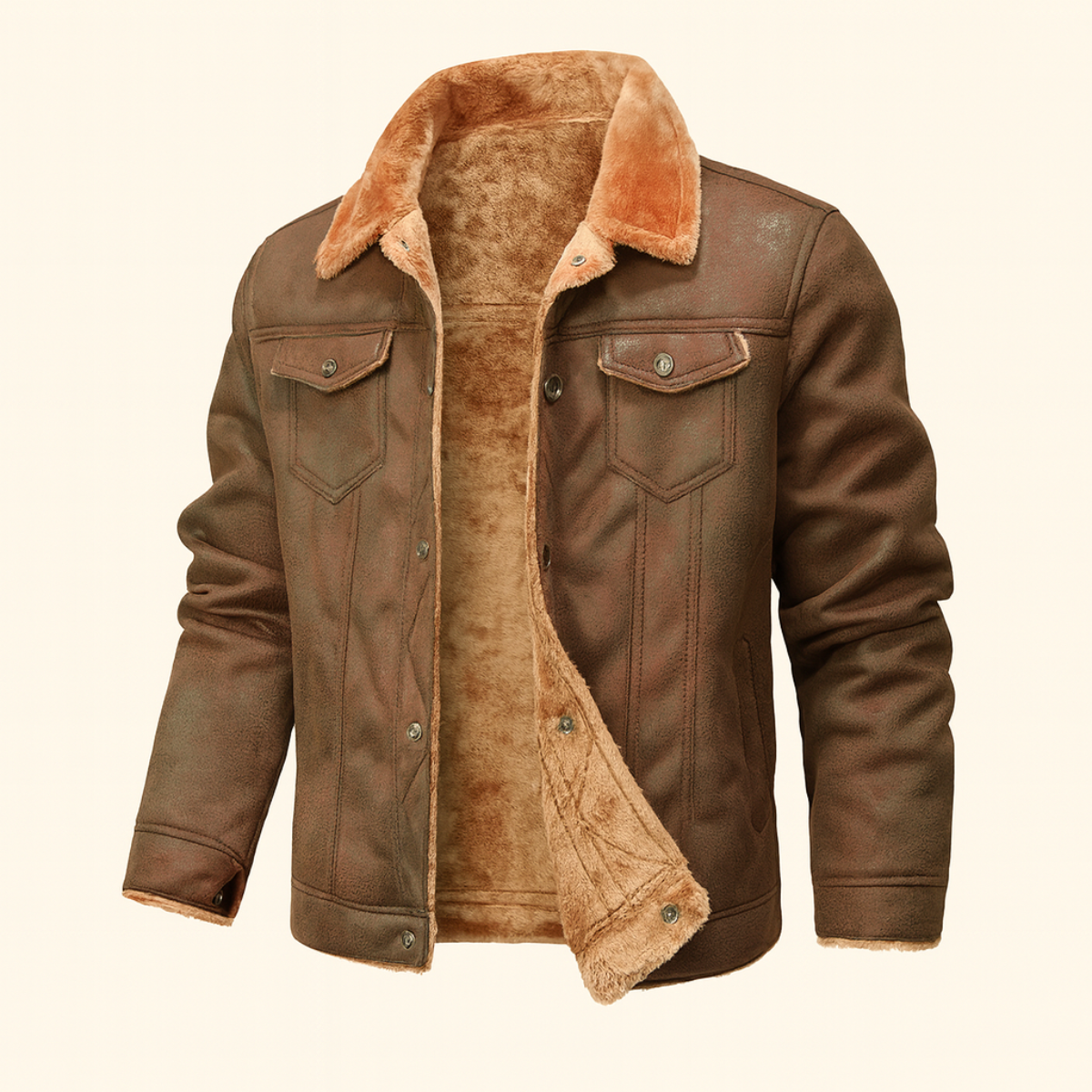 Men's brown suede sherpa-lined jacket shown from back, button front, sherpa collar