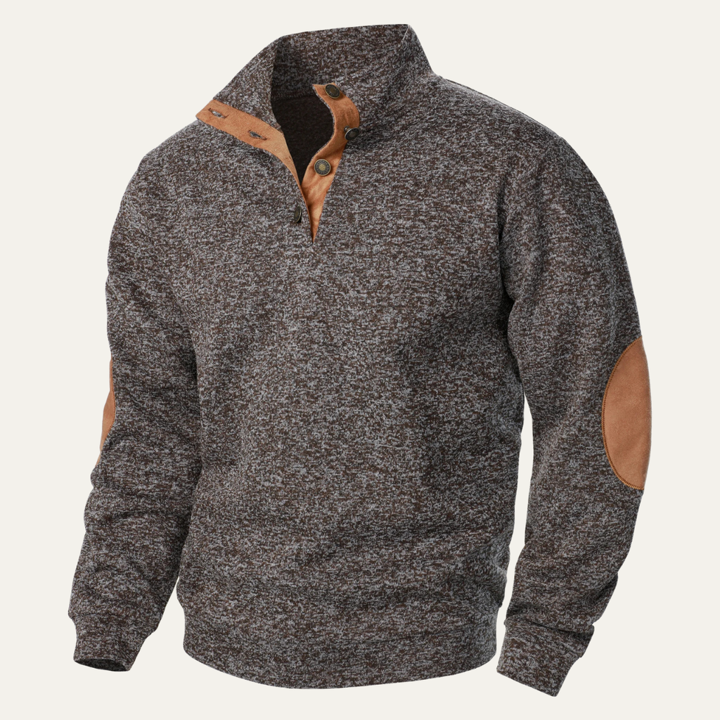 Men's heather gray fleece stand-collar sweater with tan suede elbow patches and button placket