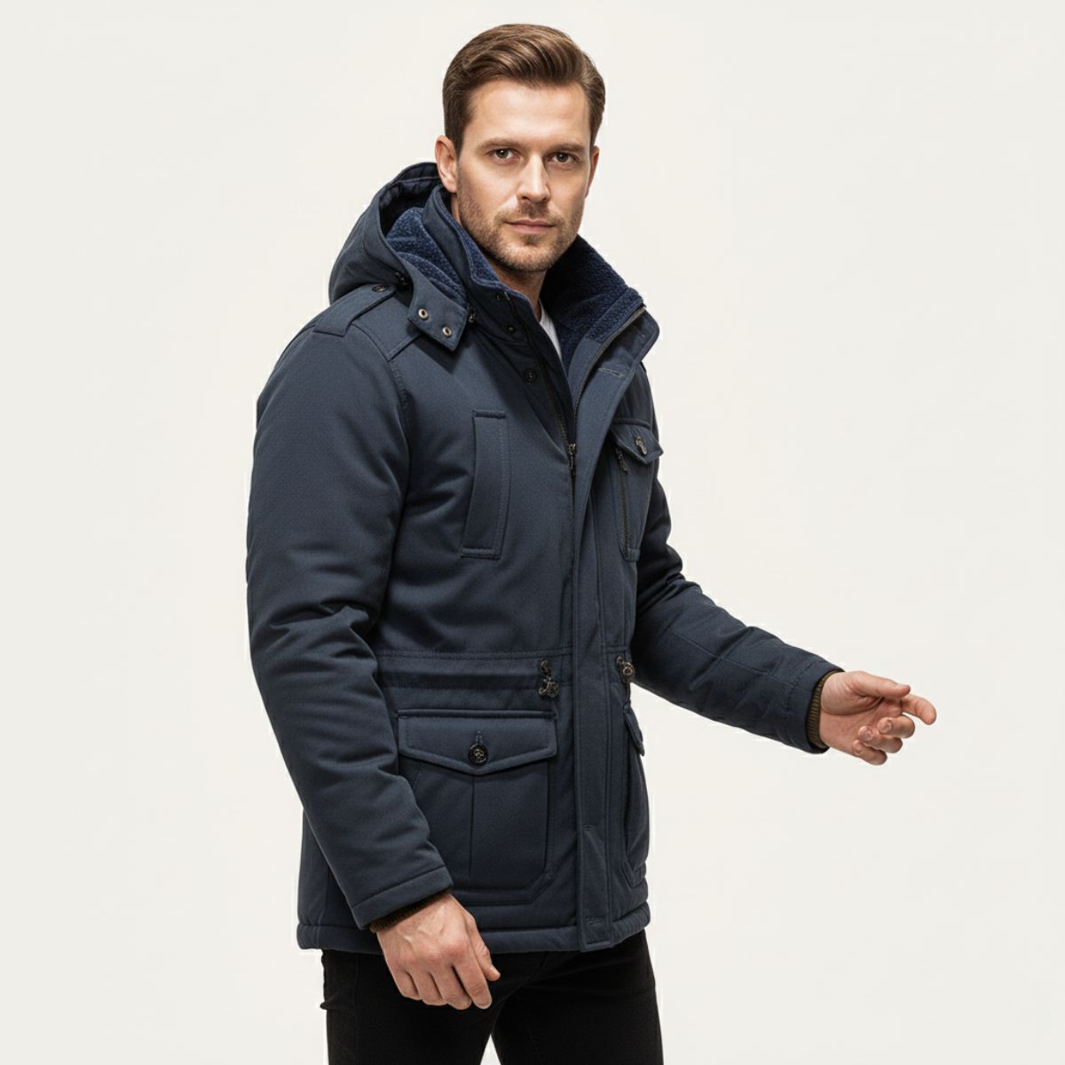 Men's insulated hooded parka jacket in navy blue, standing collar and snap front pockets