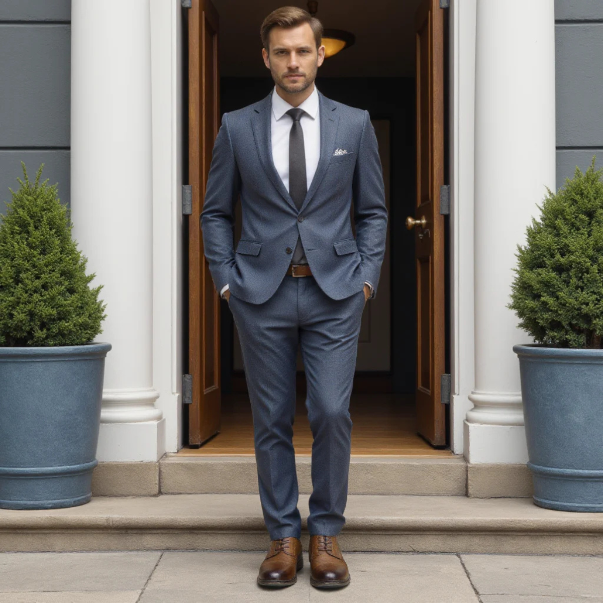 Men's brown leather lace-up oxford shoes with blue sole, worn with suit trousers