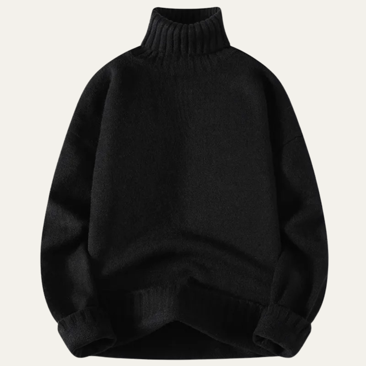 Men’s black soft knit turtleneck sweater with ribbed neck, cuffs, and hem