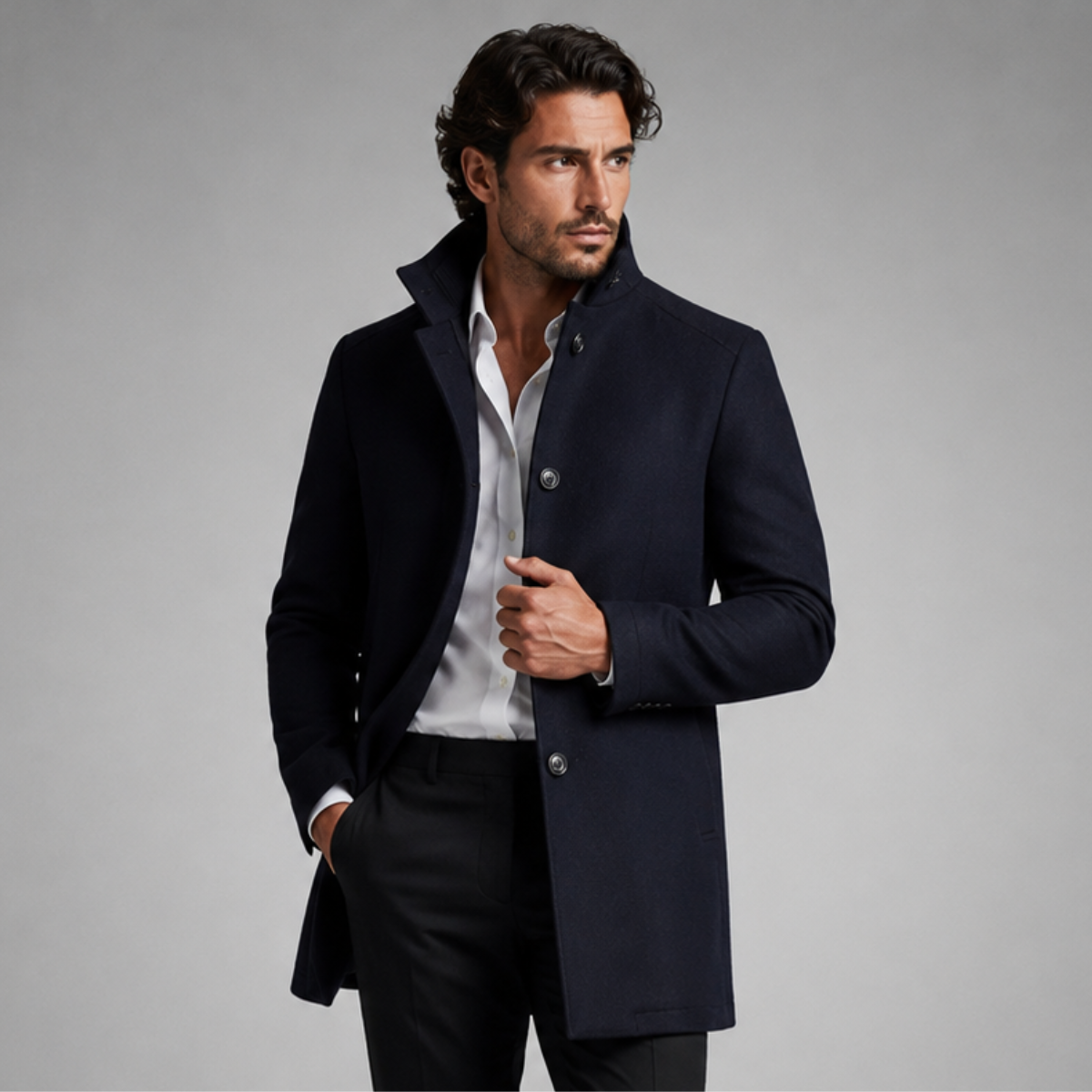 Men's navy wool-blend coat with button front and warm lining, worn over a shirt