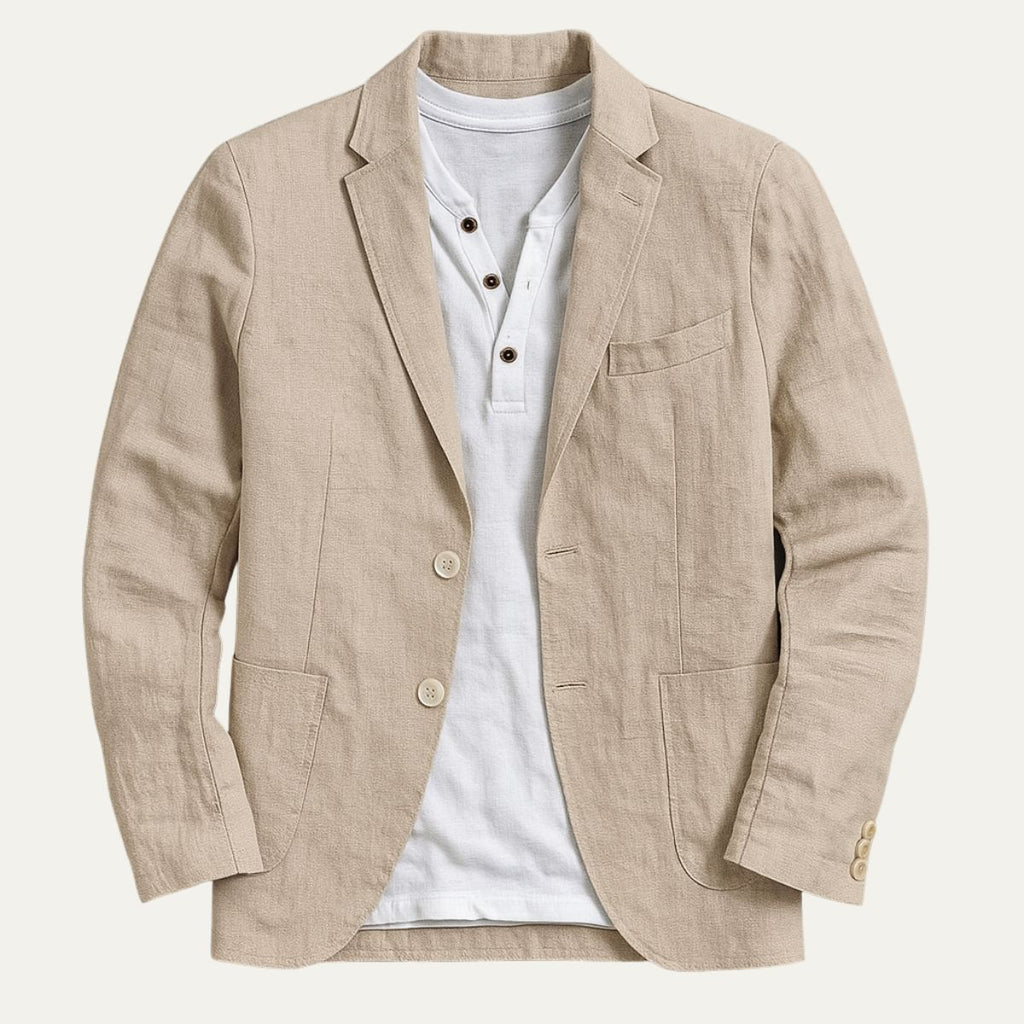 Khaki men’s cotton summer blazer, front view with patch pockets and two buttons