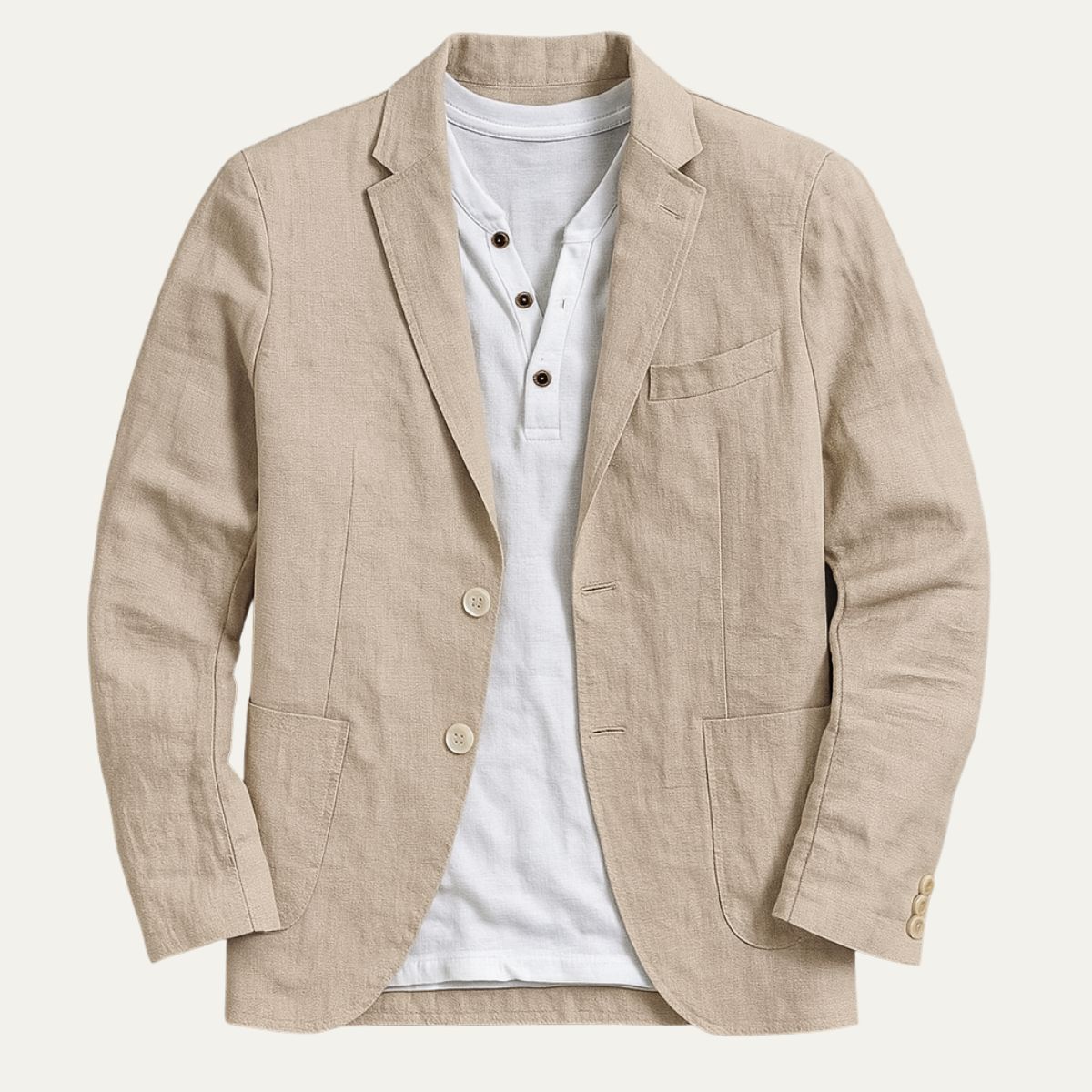 Khaki men’s cotton summer blazer, front view with patch pockets and two buttons