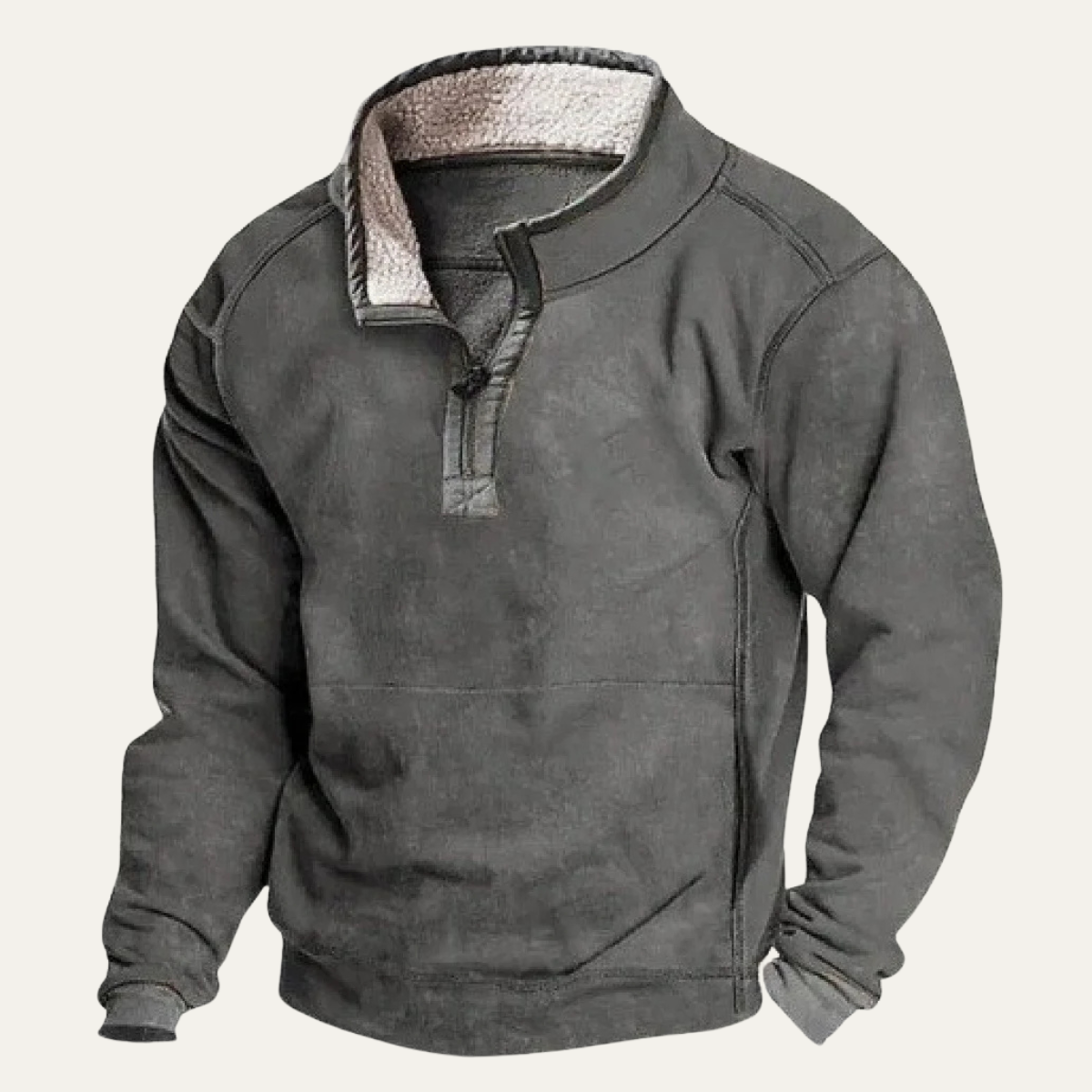 Men's stand-collar outdoor sweater, dark gray half-button pullover with sherpa-lined placket and pocket
