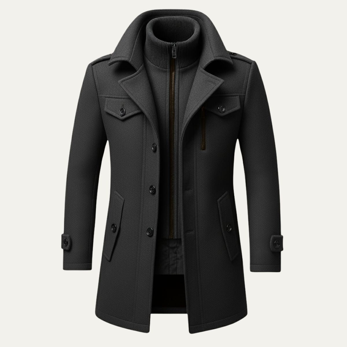 Black wool-blend pea coat flat lay with standing collar and buttoned panels