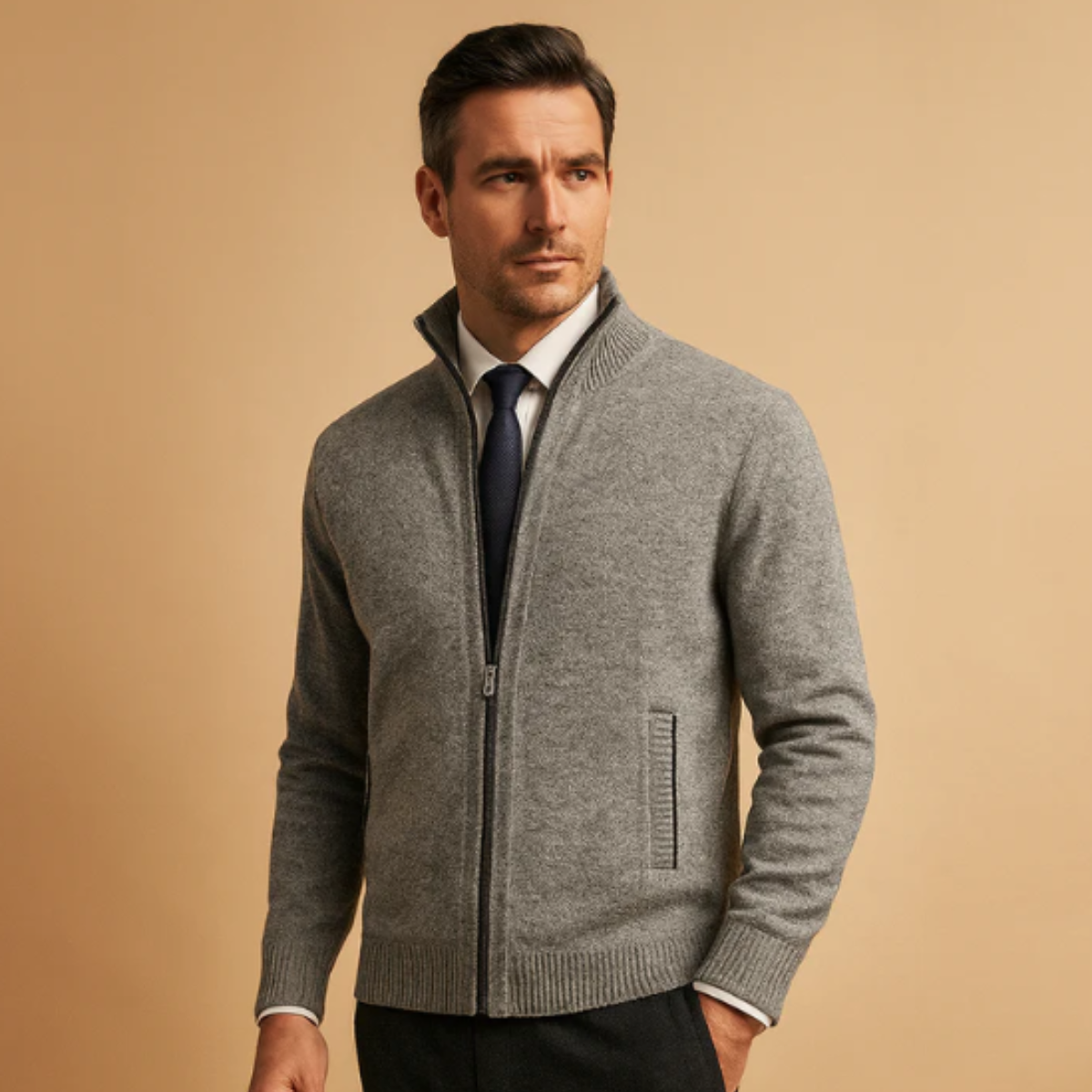 Heather gray men's knitted zip cardigan with stand collar and side pocket detail