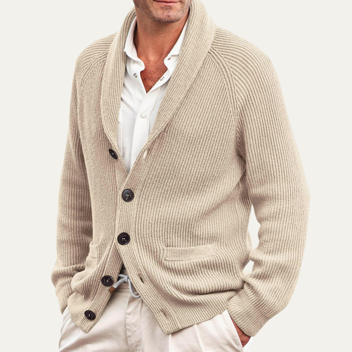 Light beige knit shawl-collar button-up cardigan with three-button placket and pocket