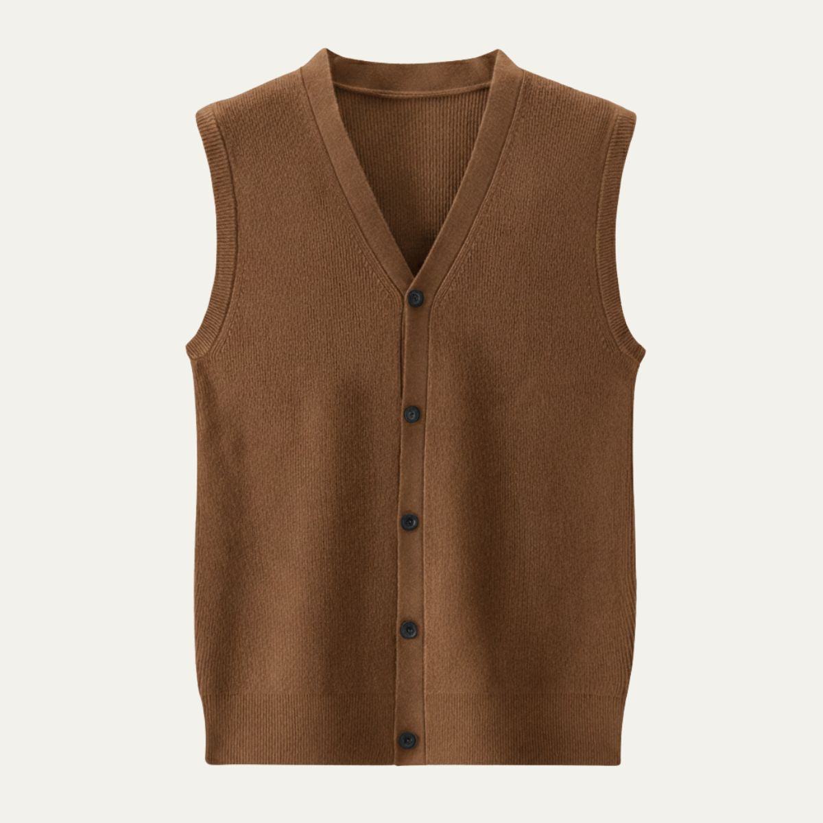 Men’s knit waistcoat sweater vest, brown V-neck with button front.