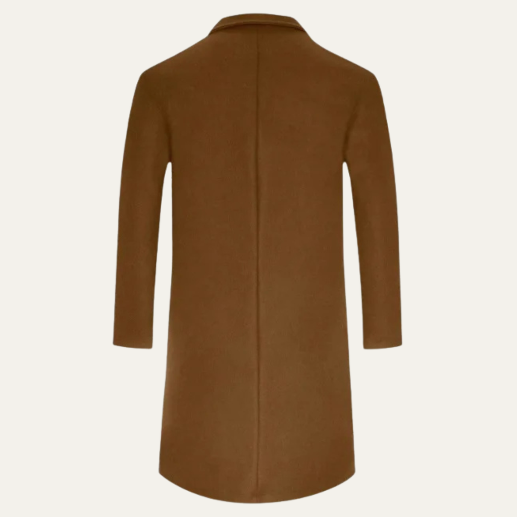 Men’s brown slim-fit overcoat back view with long sleeves and notched collar