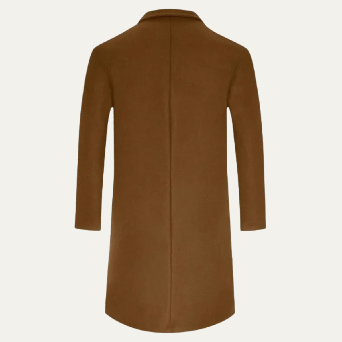 Men’s brown slim-fit overcoat back view with long sleeves and notched collar