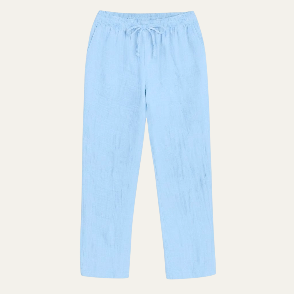 Men's light blue linen pants with elastic waist and drawstring, relaxed loose fit
