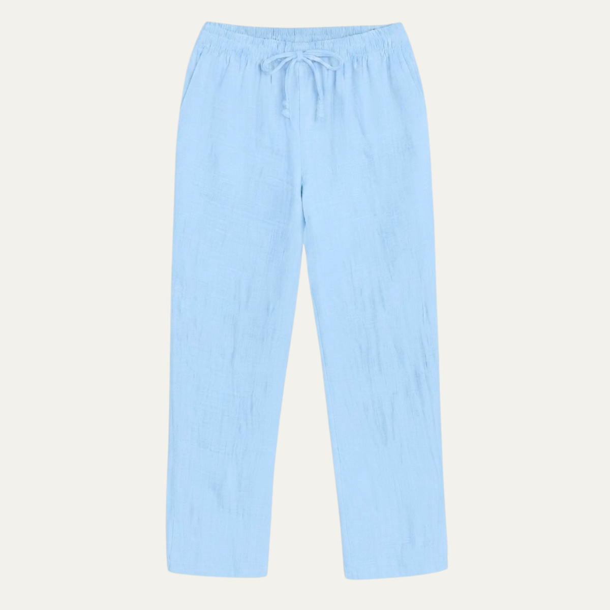 Men's light blue linen pants with elastic waist and drawstring, relaxed loose fit