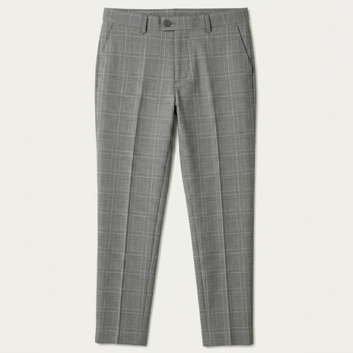 Men's slim-fit checked pants in light gray plaid with a buttoned waistband