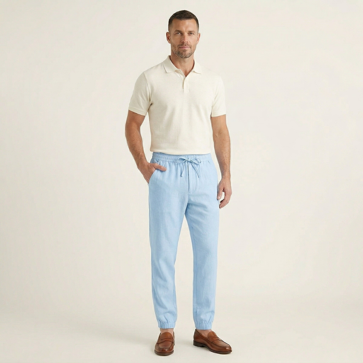 Sky blue cotton jogger pants on model with elastic waist, drawstring, and tapered cuffs