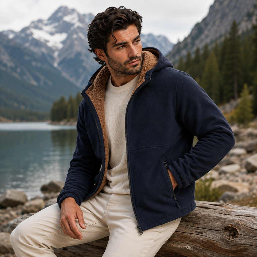 Men’s navy zip-up hooded soft shell fleece jacket with sherpa lining