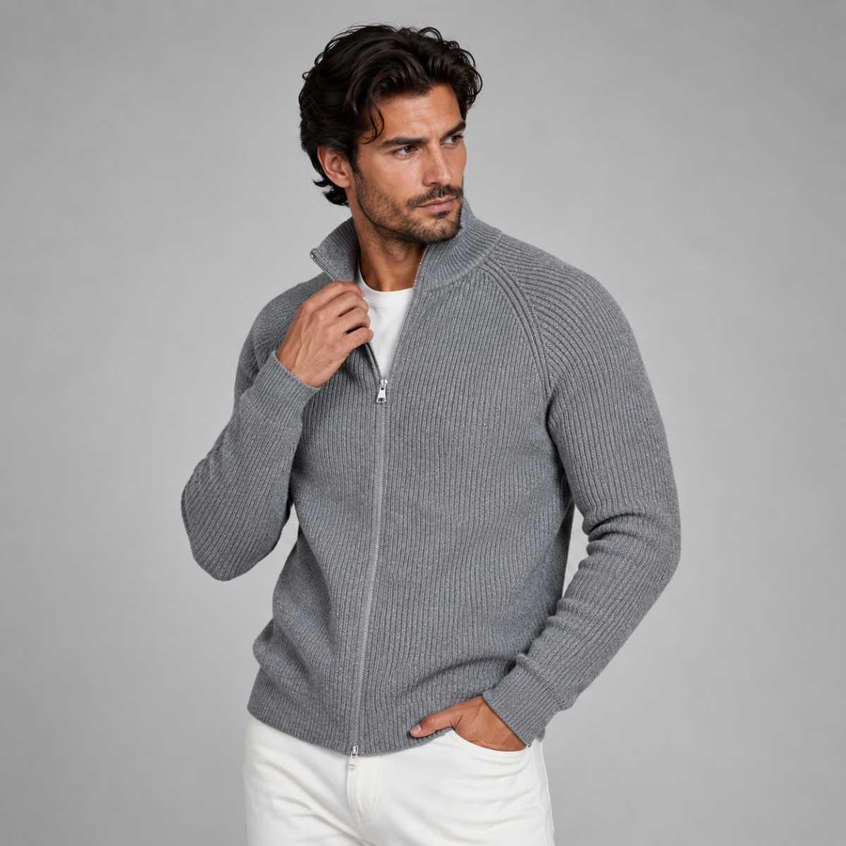 Men's gray merino wool zip-up cardigan with stand collar and visible zip-front detail.