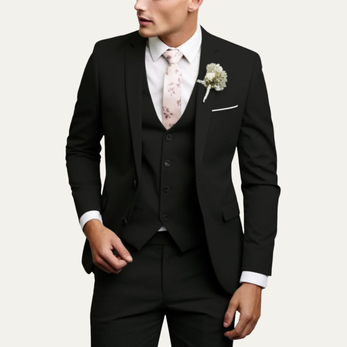 Men's 3-piece slim-fit suit set in black with matching jacket, vest, and trousers.