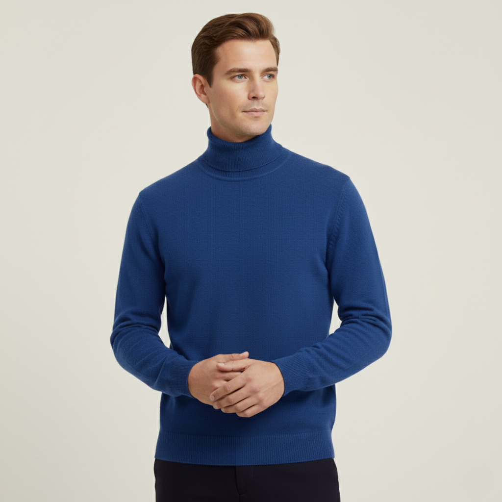 Men's royal blue turtleneck sweater on model, ribbed hem and cuffs, long sleeves
