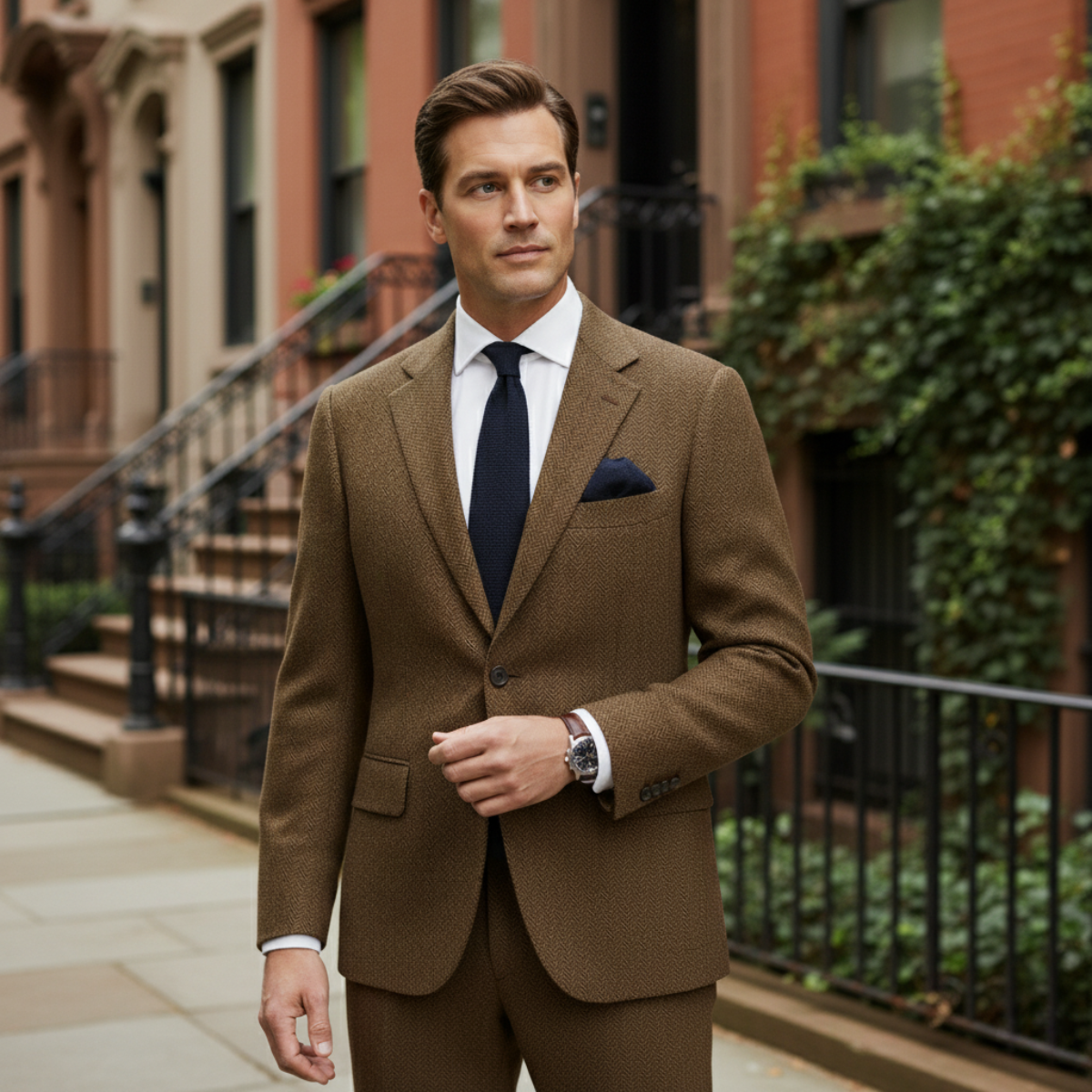 Men's brown tweed blazer on model with navy tie and pocket square