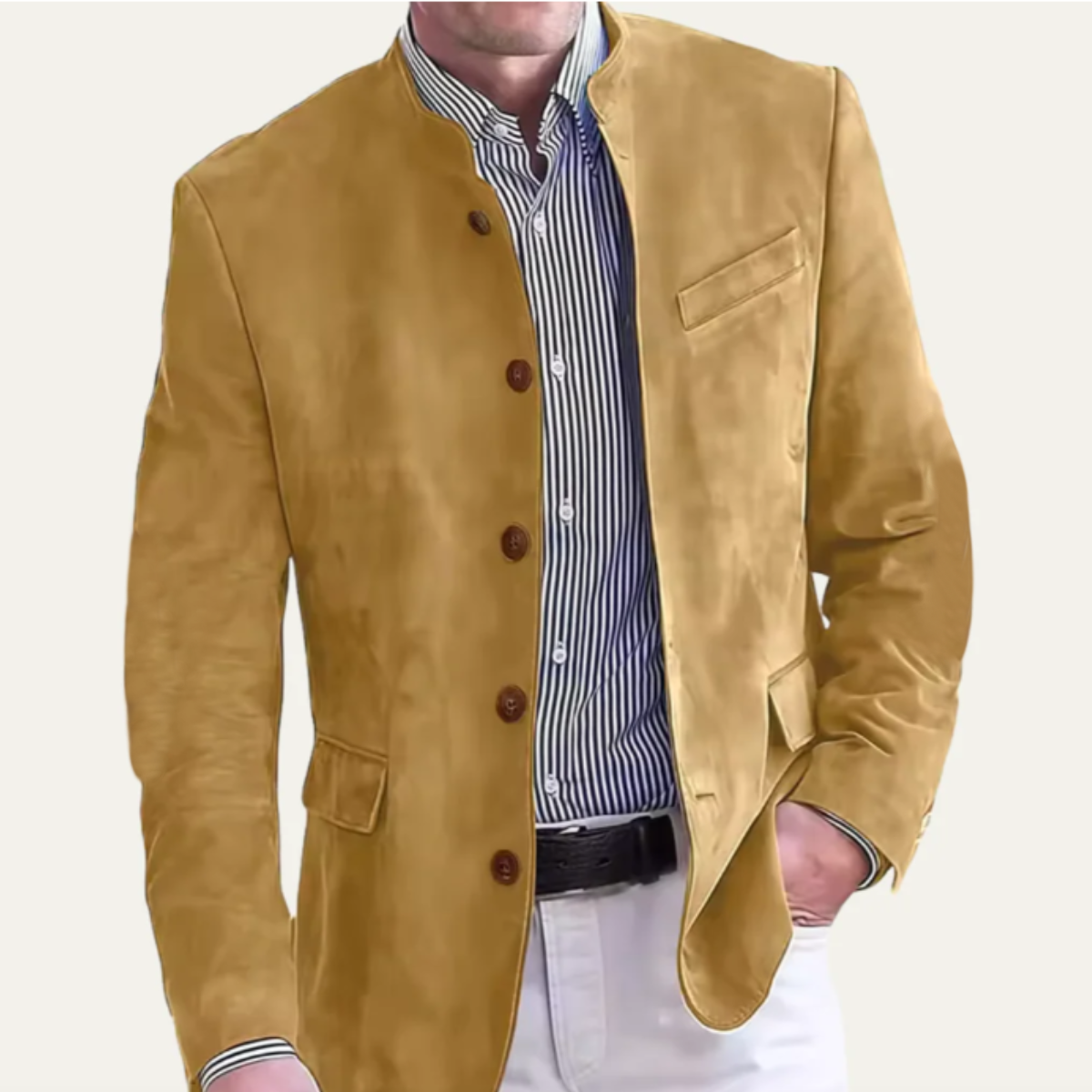 Men's casual blazer, light brown suede-like fabric, button front, flap pockets
