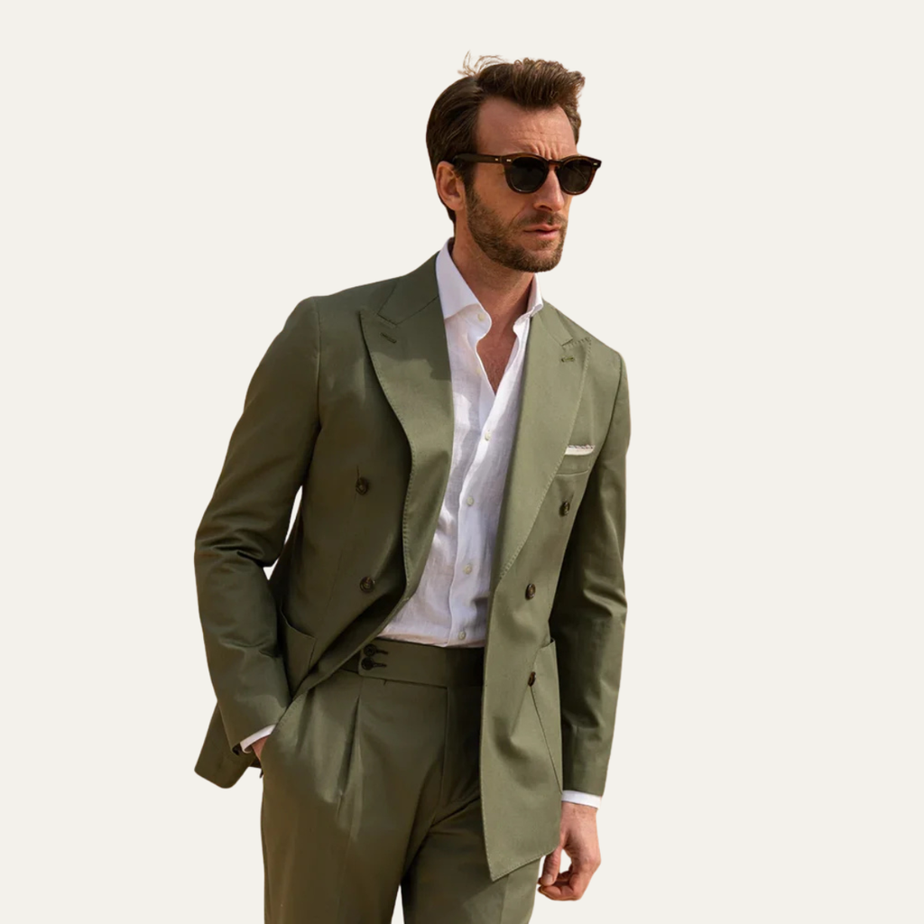 Men’s olive green slim fit blazer with pocket square and matching trousers