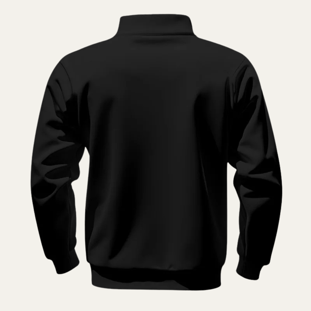 Black men’s half-zip stand-collar sweater, back view, long sleeves