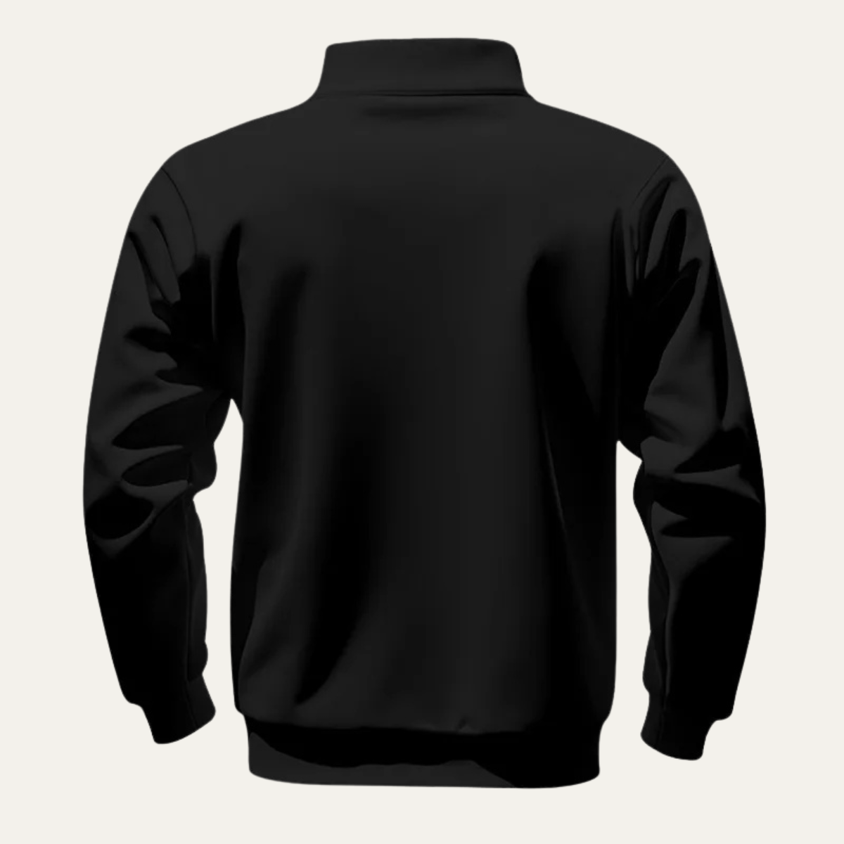 Black men’s half-zip stand-collar sweater, back view, long sleeves
