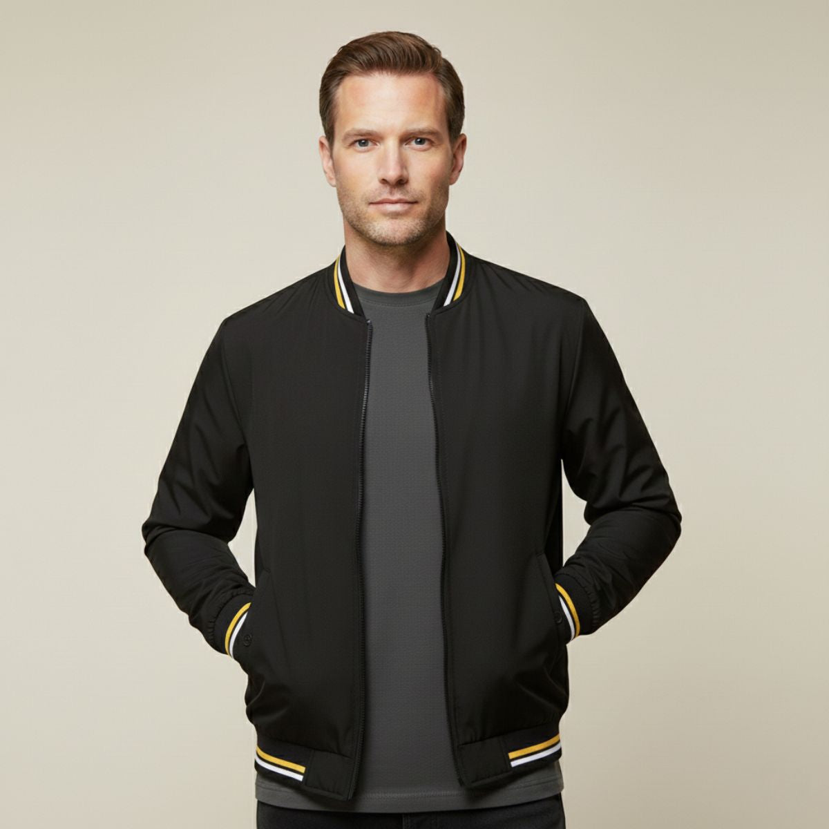 Men's lightweight bomber jacket, black zip-front with ribbed cuffs and striped trim at hem