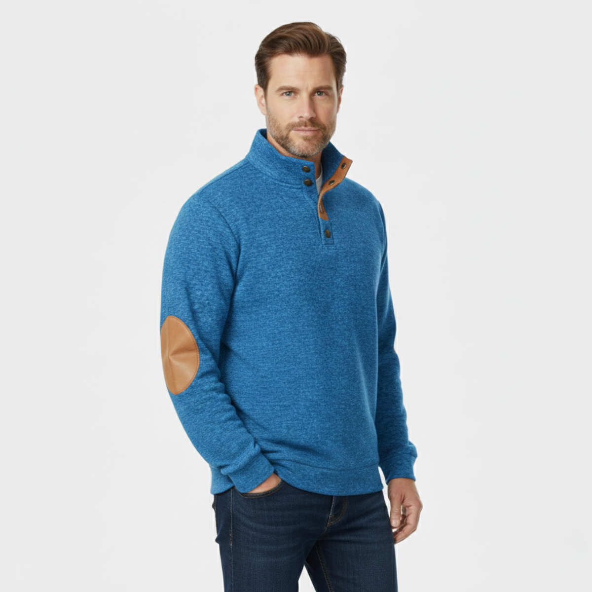 Men's blue quarter-zip knit sweater with leather-look elbow patches