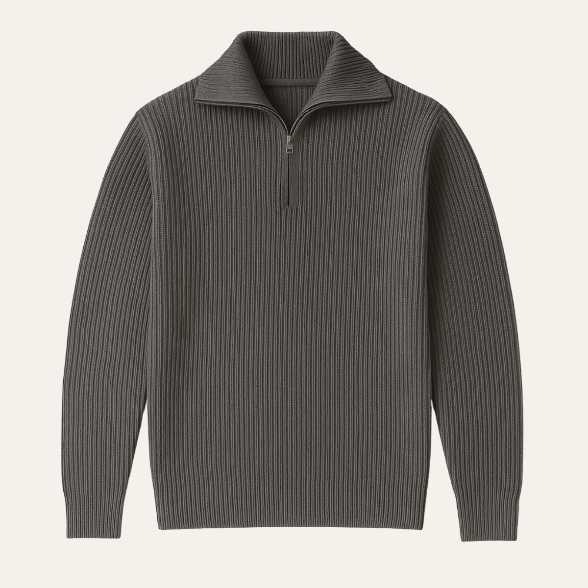 Dark gray merino knit quarter-zip sweater with ribbed collar and zip front