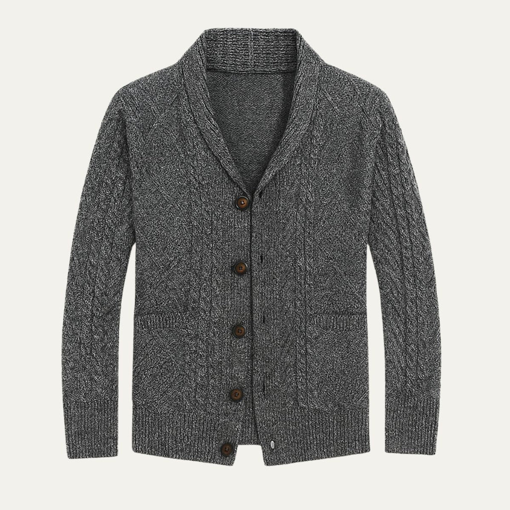 Men's heather dark gray cashmere cardigan with shawl collar, four-button front, patch pockets