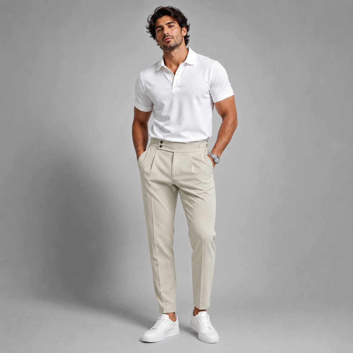 Men’s white slim-fit dress pants with belt loops, tapered leg, and front crease