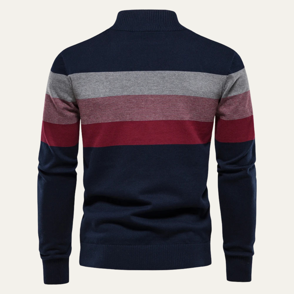Men’s patchwork zip mock-neck sweater, navy back with gray and burgundy stripes