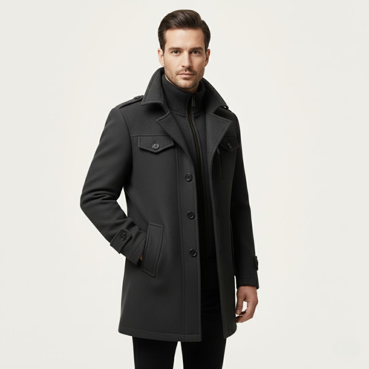 Black wool-blend pea coat with wide lapels and buttoned flap pockets
