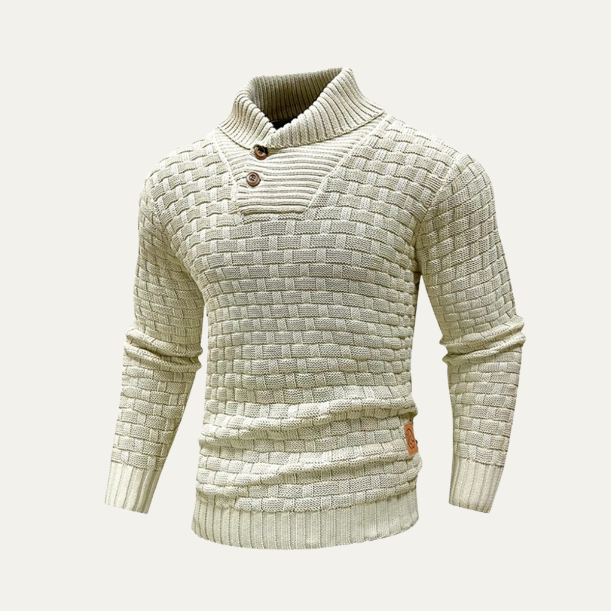 Men’s textured knit winter sweater in light khaki/cream with mock neck henley placket
