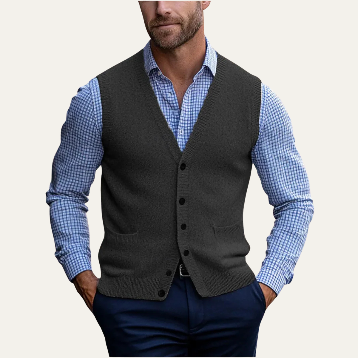 Dark gray knit vest, V-neck button-front with two chest pockets