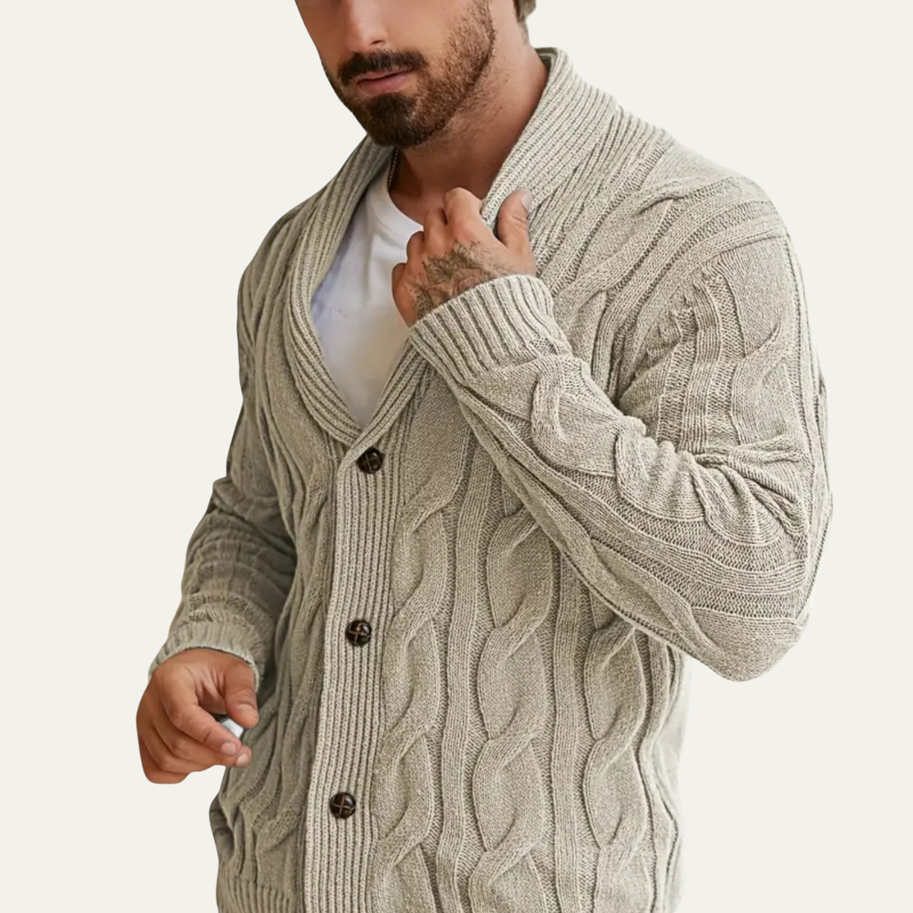 Men's light beige cable knit cardigan, V-neck, button placket, textured pattern.