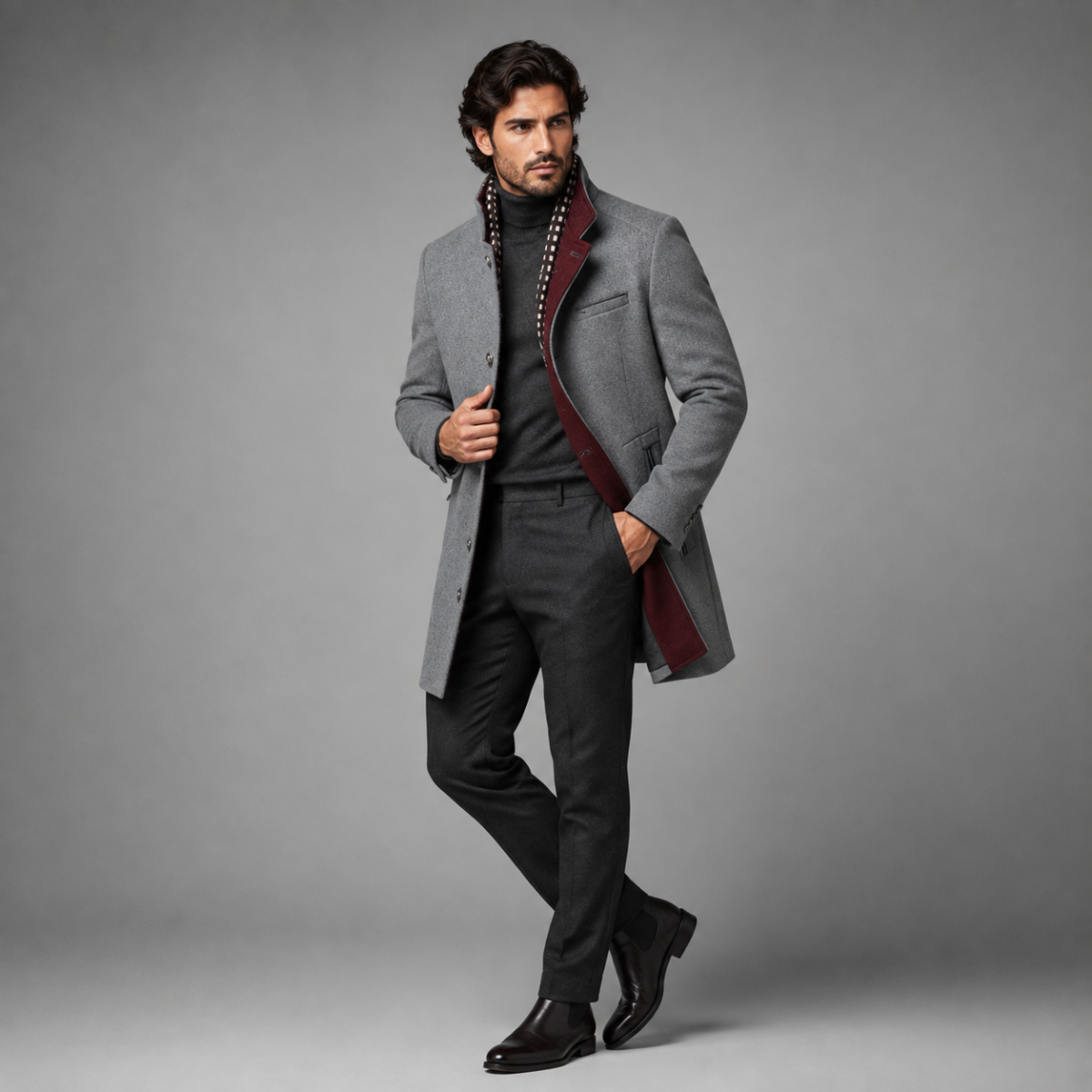 Men's wool coat, heather gray, double-breasted button front with quilted interior