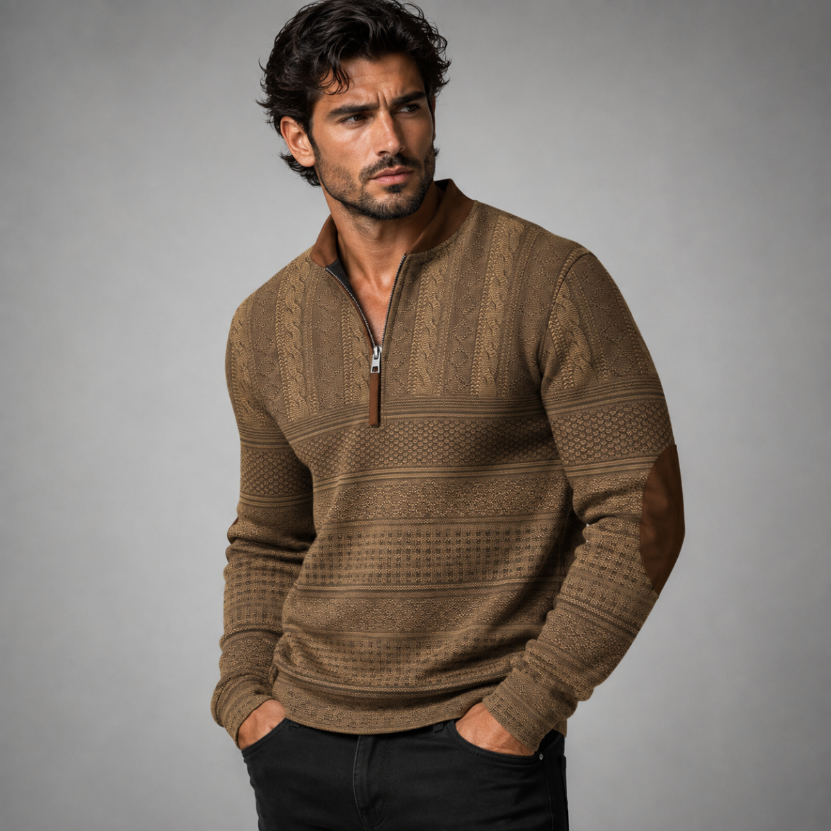 Men's light brown patterned half-zip sweater with elbow patches, zip placket and knit texture