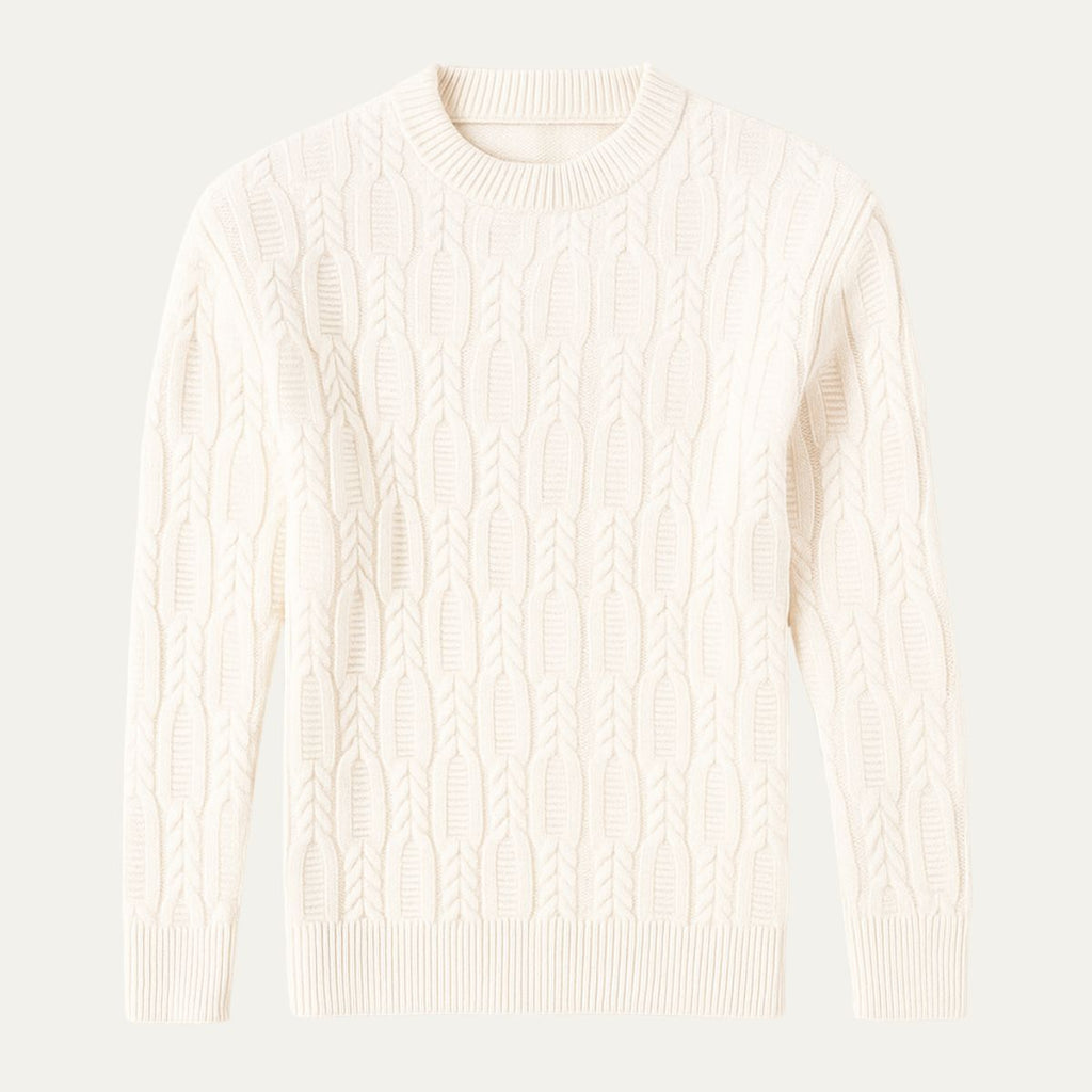 Men's premium cable knit sweater, white, crew neck, long sleeves, ribbed cuffs and hem
