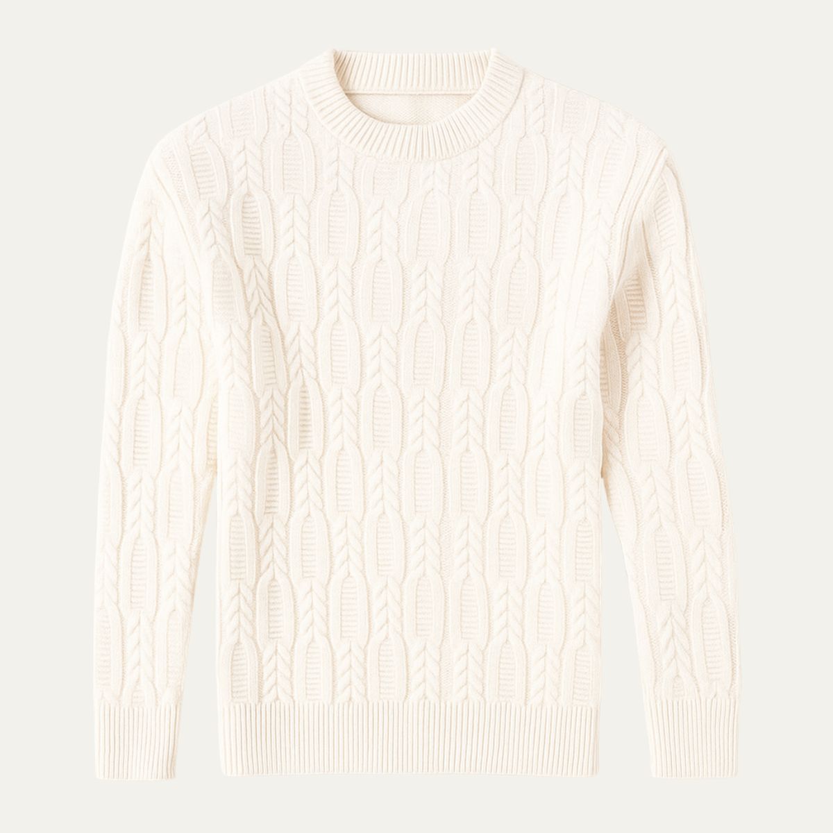 Men's premium cable knit sweater, white, crew neck, long sleeves, ribbed cuffs and hem