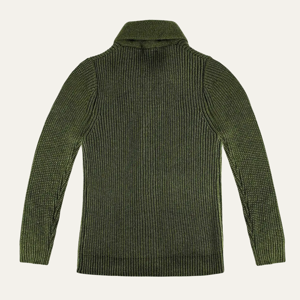 Men's green chunky knit cardigan back with ribbed hem and long sleeves
