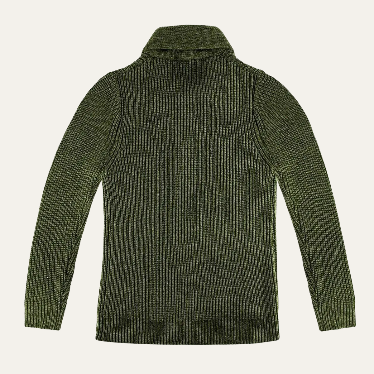 Men's green chunky knit cardigan back with ribbed hem and long sleeves