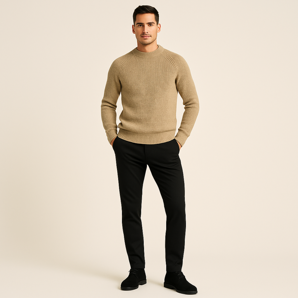 Men's khaki cashmere crewneck sweater with ribbed hem, cuffs, and collar